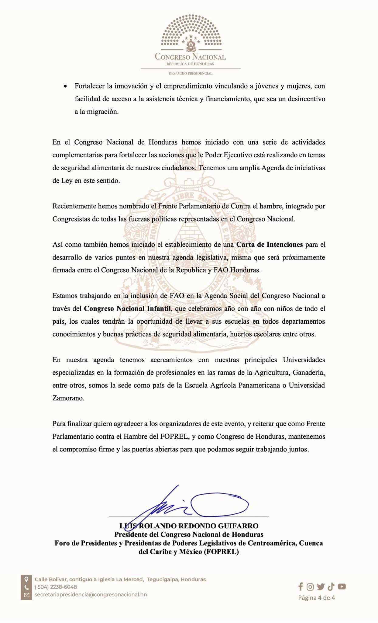 Presidente Luis Redondo participa del X Foro del Frente Parlamentario contra el Hambre de América Latina y el Caribe